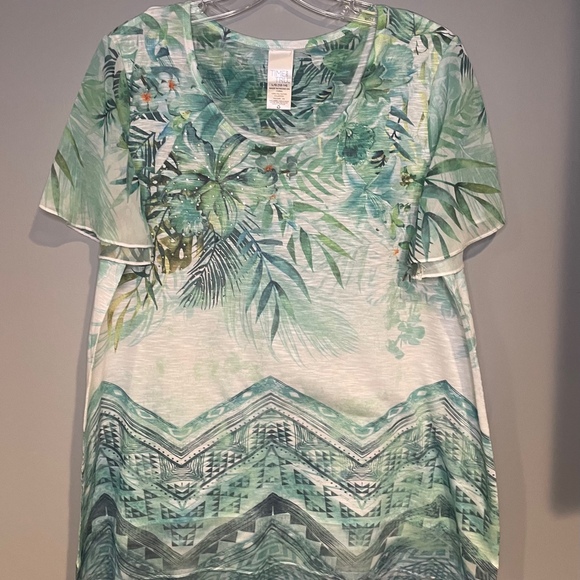 Womens Rhinestone Tropical Vacay Blouse Chiffon Sleeves Pullover T-Shirt Sz L - Picture 1 of 9